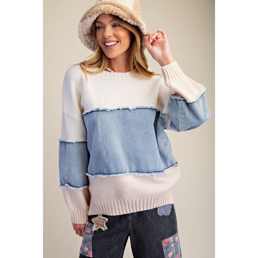 2P3***Easel Color Block Denim Sweater - Picture 1 of 4